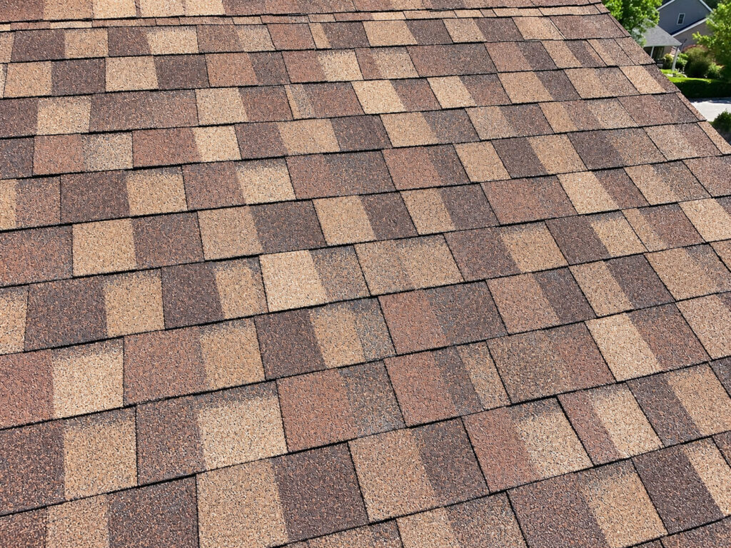 Close-up of hail-damaged architectural asphalt shingles on a Thornton, CO home before roof replacement by Northern Lights Exteriors